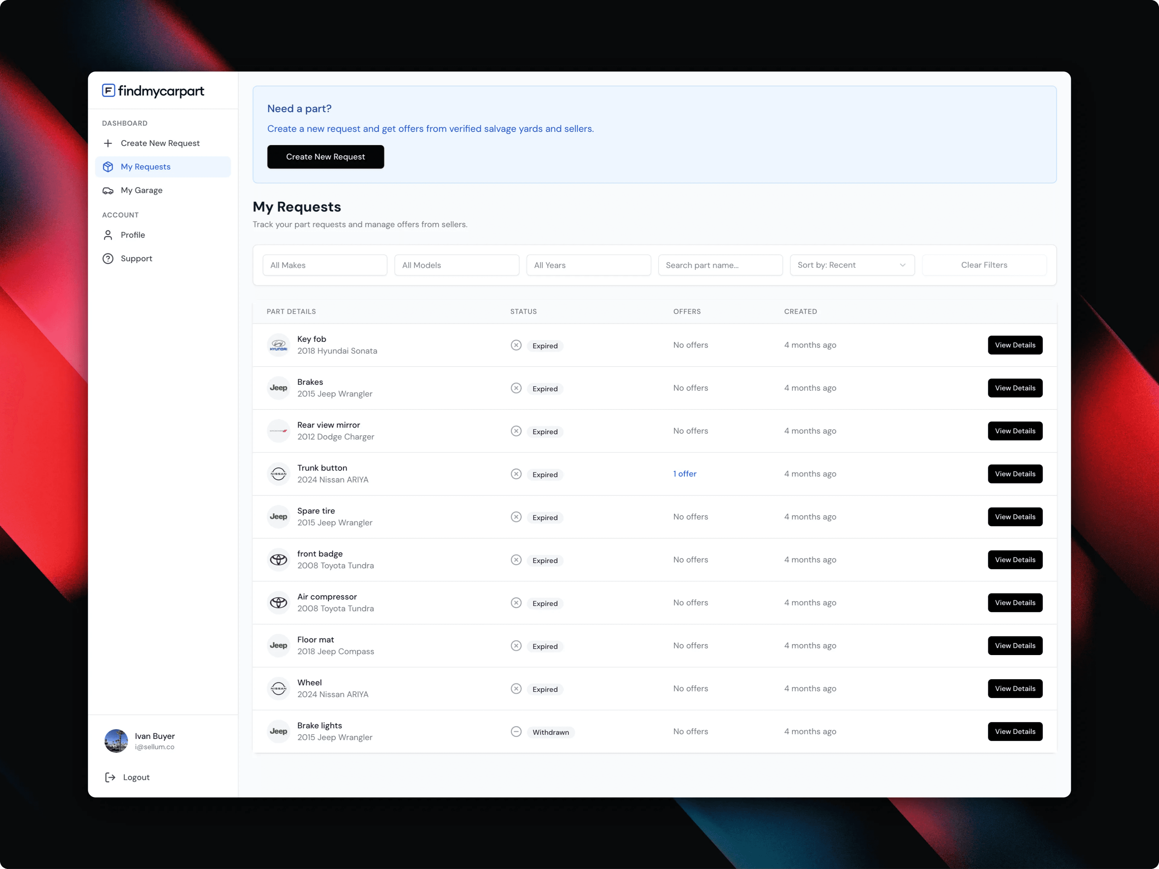 Findmycarpart buyer dashboard showing part requests with statuses and offer counts